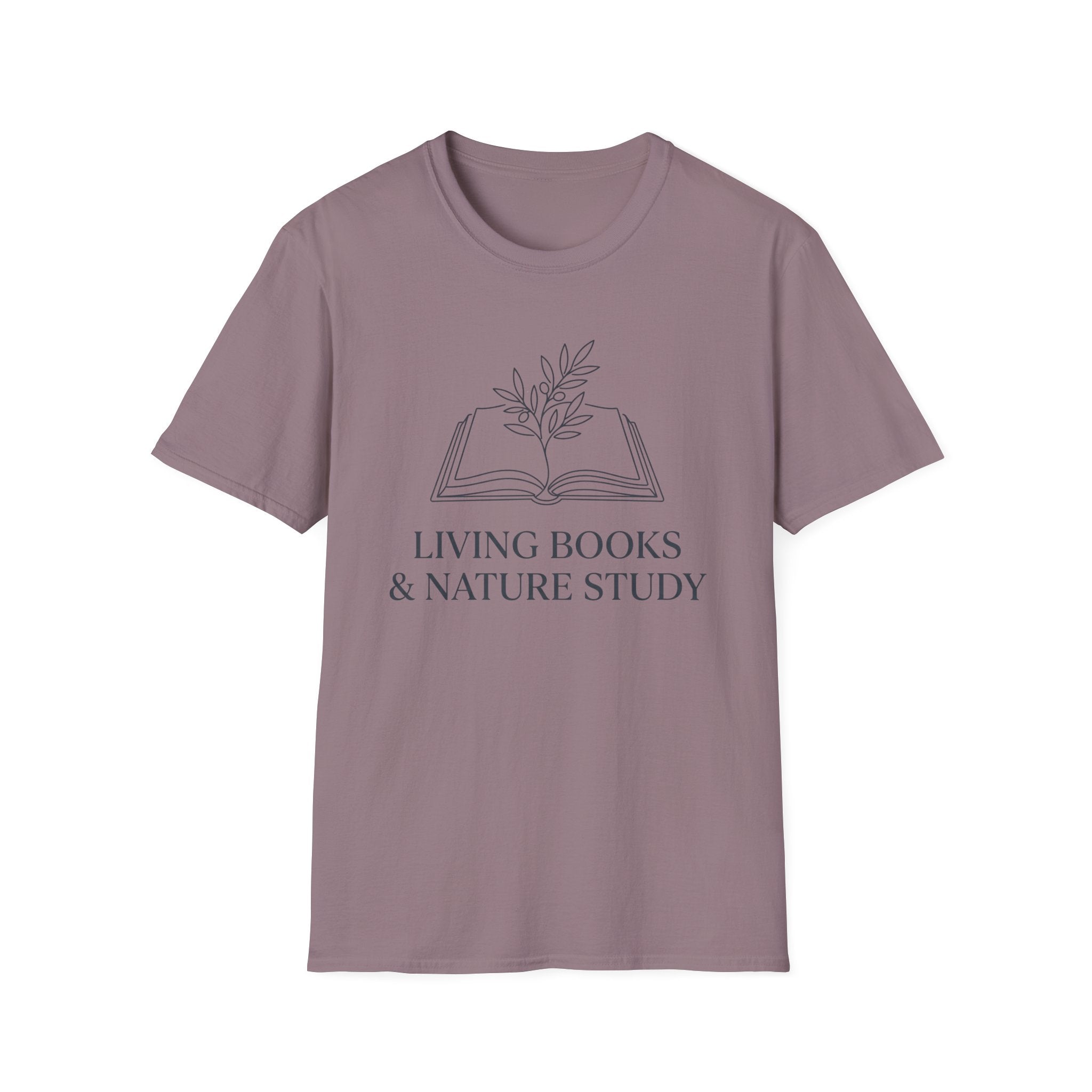 Living Books with Flowers homeschool mom graphic t-shirt with a Charlotte Mason-inspired design with books, nature details, and vintage homeschool charm