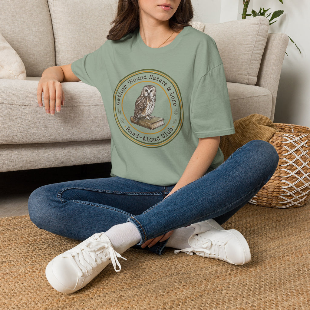 Gather Round Nature & Lore homeschool mom graphic t-shirt with a Charlotte Mason-inspired design with nature details, bookish elements, and classic homeschool lettering