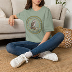 Gather Round Nature & Lore homeschool mom graphic t-shirt with a Charlotte Mason-inspired design with nature details, bookish elements, and classic homeschool lettering