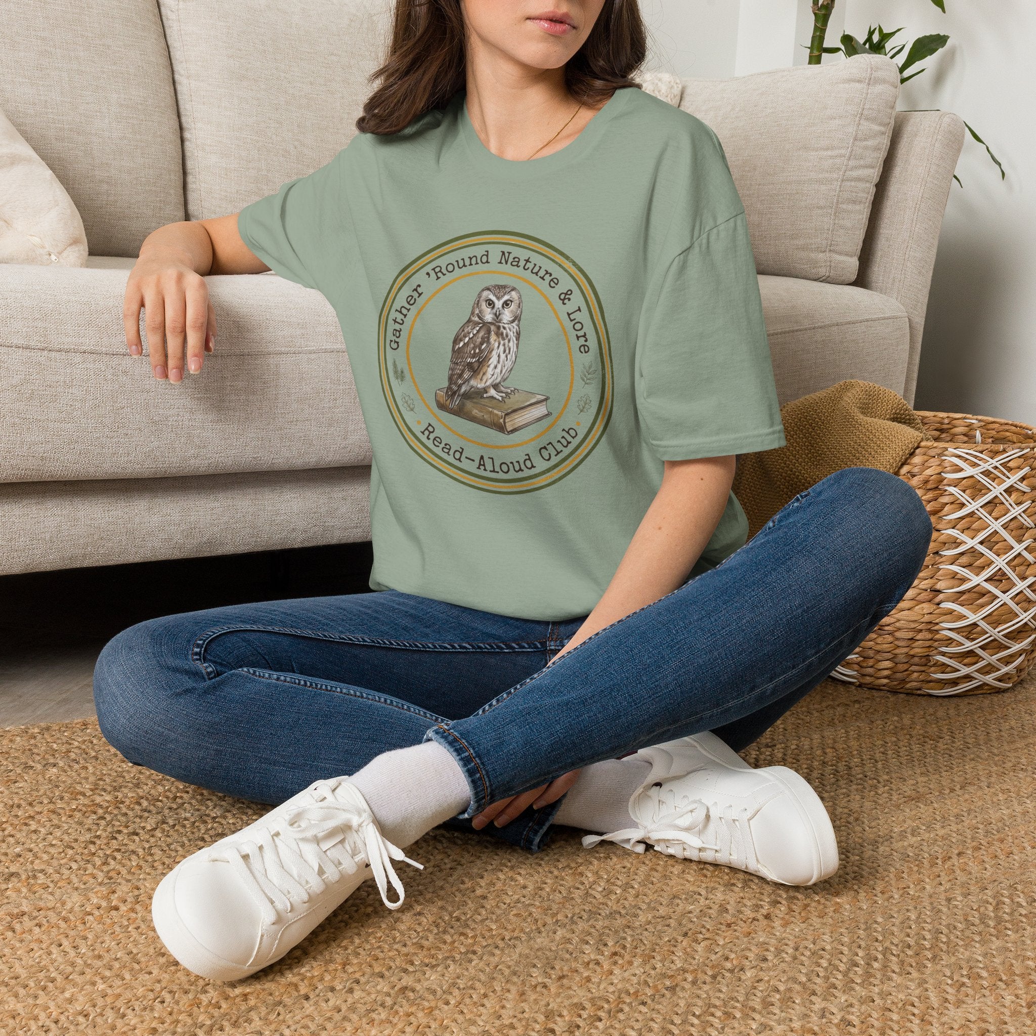 Gather Round Nature & Lore homeschool mom graphic t-shirt with a Charlotte Mason-inspired design with nature details, bookish elements, and classic homeschool lettering