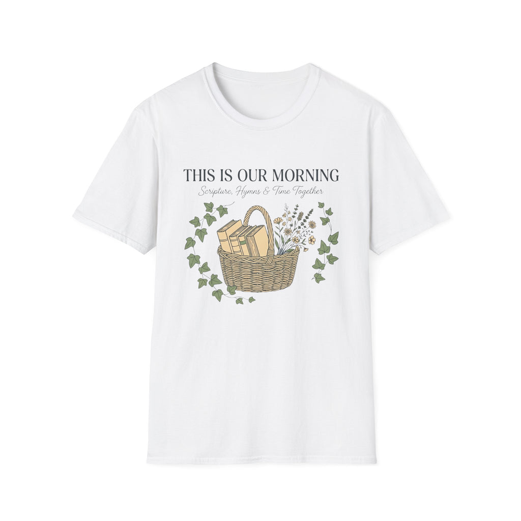 This Is Our Morning homeschool mom graphic t-shirt with a gathered-at-home inspired graphic with books, florals, and cozy family learning details