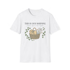 This Is Our Morning homeschool mom graphic t-shirt with a gathered-at-home inspired graphic with books, florals, and cozy family learning details
