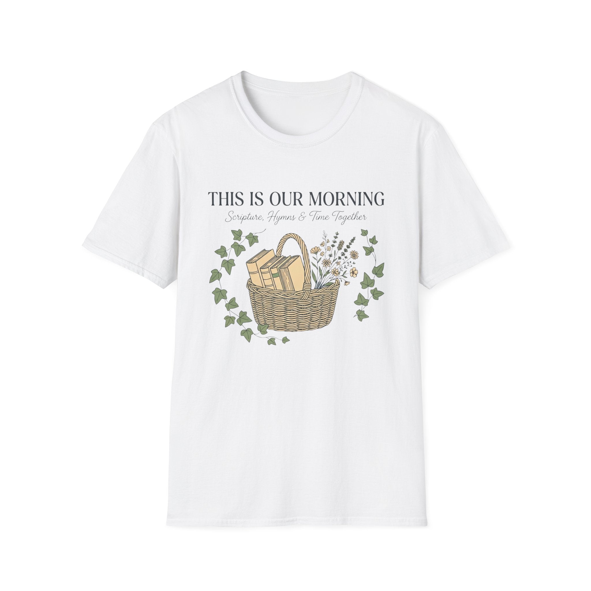 This Is Our Morning homeschool mom graphic t-shirt with a gathered-at-home inspired graphic with books, florals, and cozy family learning details