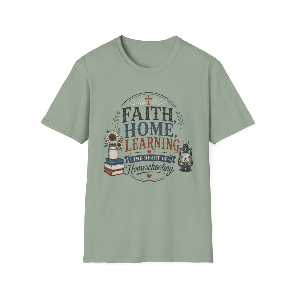 Faith Home Learning homeschool mom graphic t-shirt with a faith-filled homeschool design with gentle lettering and classic illustrative details