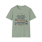 Faith Home Learning homeschool mom graphic t-shirt with a faith-filled homeschool design with gentle lettering and classic illustrative details