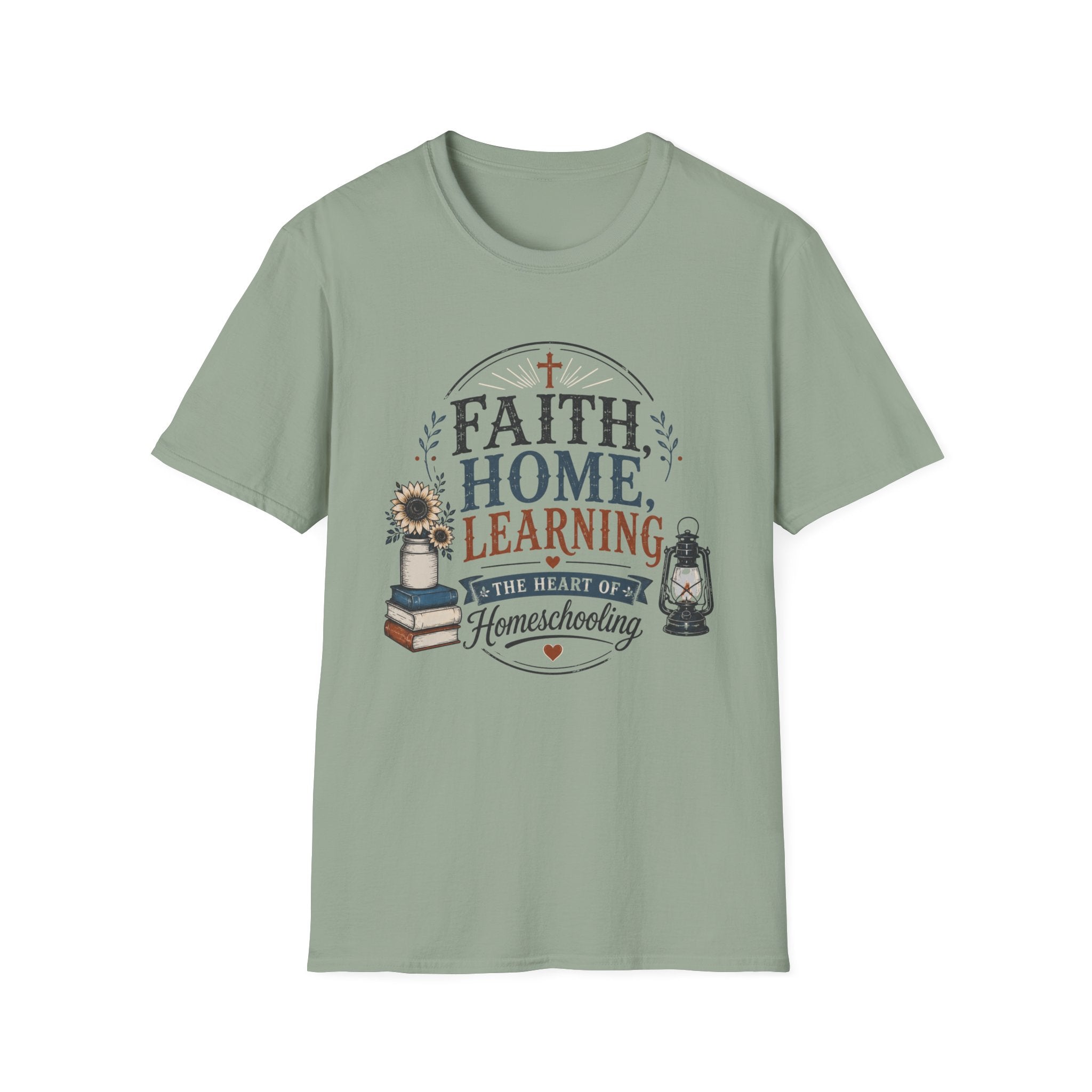Faith Home Learning homeschool mom graphic t-shirt with a faith-filled homeschool design with gentle lettering and classic illustrative details