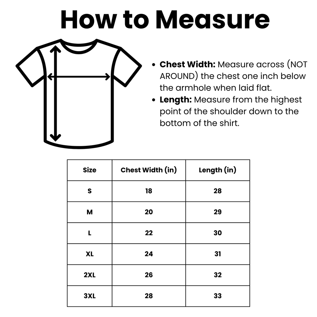 T-shirt size chart showing how to measure chest width and length for sizes S to 3XL